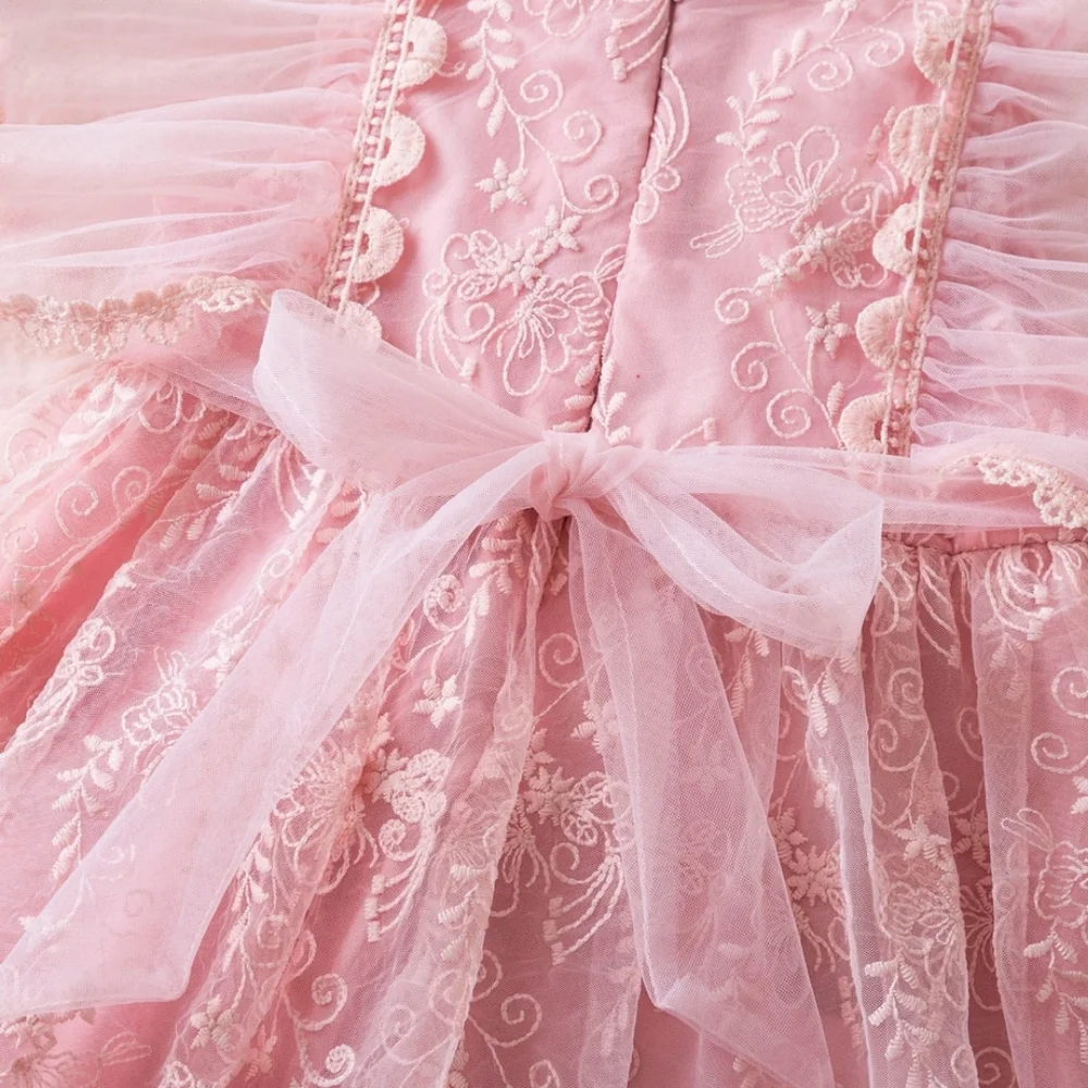 Elegant Girls Lace Tulle Fairy Floral Embroidered Ruffle‎ Trim Rear Zipper Dress